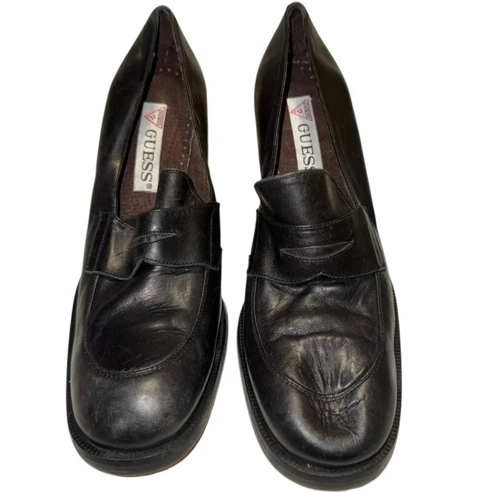 Vintage GUESS Y2K 90s High Heel Chunky Loafer Pumps 10 Leather Preppy Corp Core